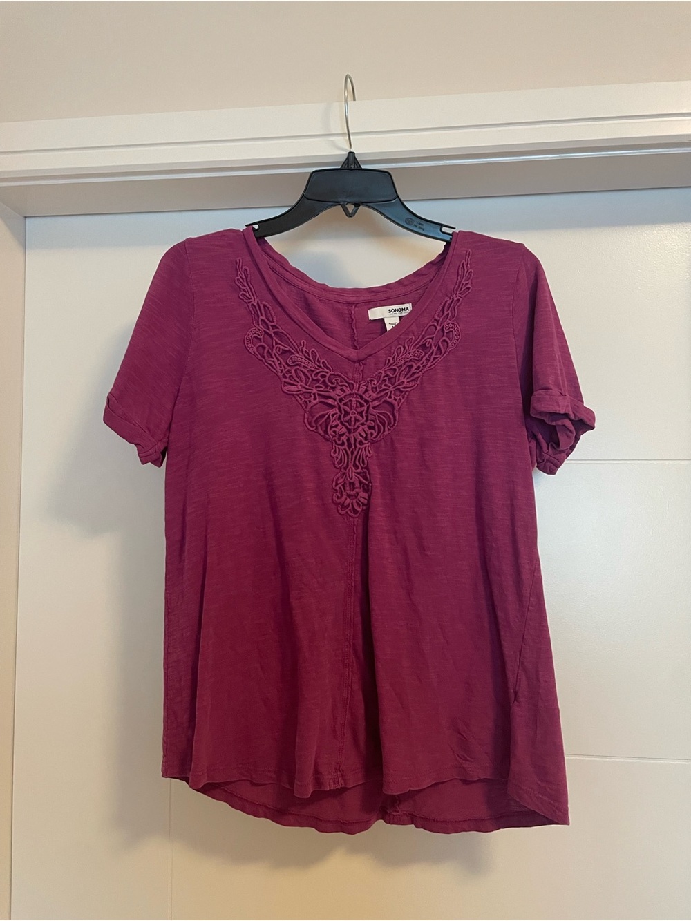 Sonoma Short Sleeve V-Neck Top with Embroidered Yoke - Magenta